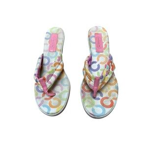 Coach Dalores Wedge Sandals Size 8B Multicolor Signature C Pink Flip Flops